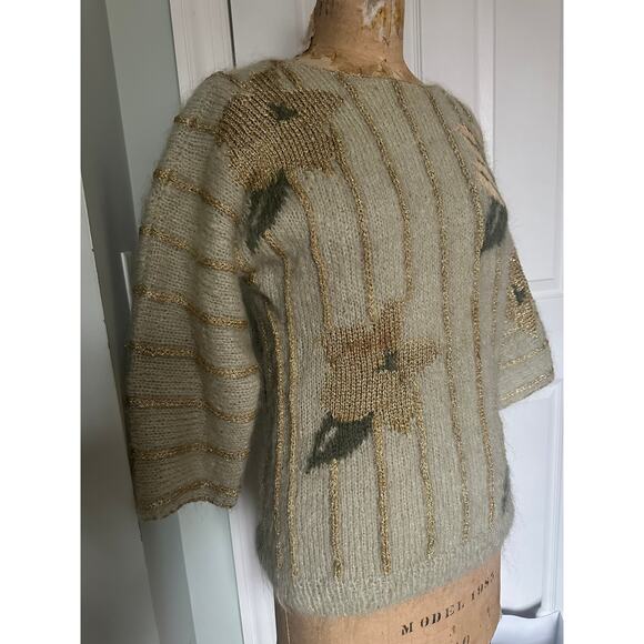 Vintage Mohair Wool Sweater gold metallic striped floral sage Mint green glam - Picture 13 of 16